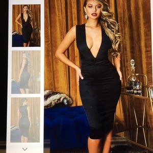 Deep plunge satin midi dress in black.